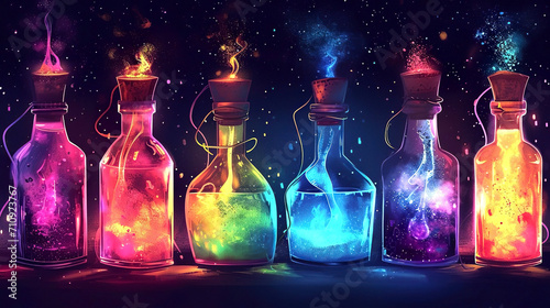 Neon bottles of magic elixir on a black background, sketch illustration. Generated AI photo