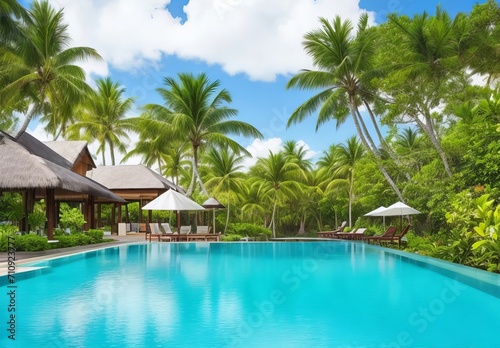 Tropical vacations. Luxury resort with gorgeous swimming pool. Mauritius island 