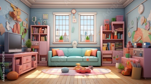 A cozy living room with a sofa, rug, and bookshelves