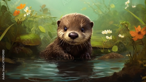 A highly detailed scene showcasing a baby otter floating on its back in a stream - Generative AI photo