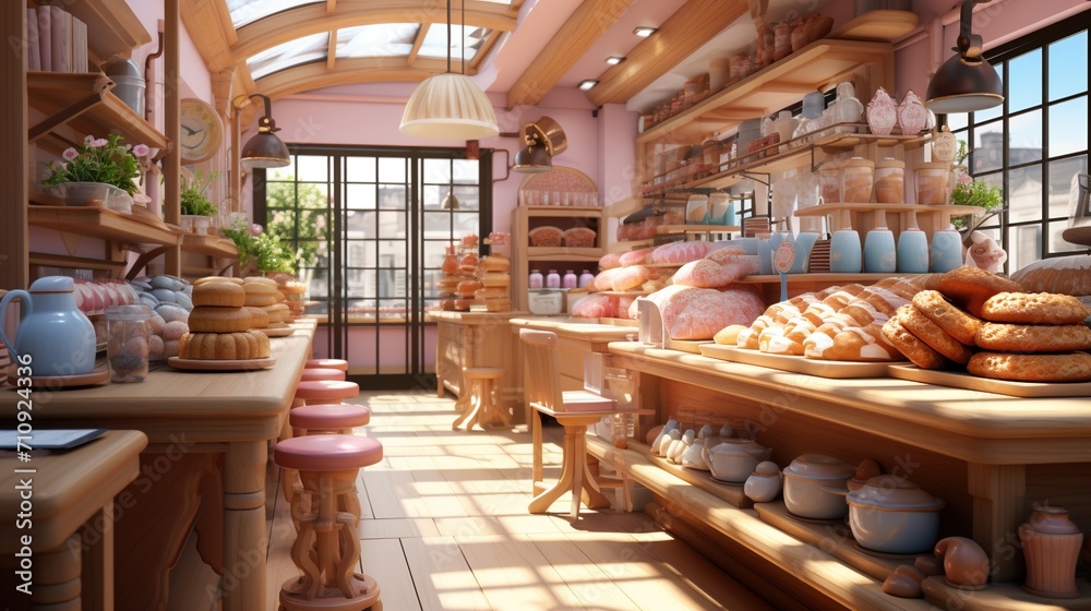 Fototapeta premium Bakery shop interior with various baked goods on display