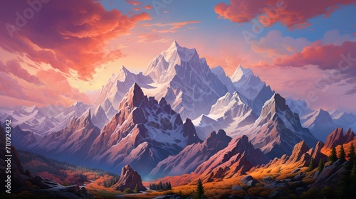 A highly realistic mountain range at sunset, vibrant colors painting the sky, dramatic shadows cast by jagged peaks, - Generative AI photo