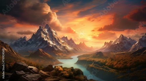 A highly realistic mountain range at sunset, vibrant colors painting the sky, dramatic shadows cast by jagged peaks, - Generative AI © Huzaifa