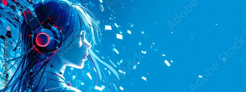 anime-style character wearing headphones, with a futuristic design, set against a bright blue background with digital fragments and elements flying around, creating a sense of motion and technolog