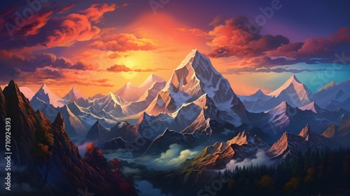 A highly realistic mountain range at sunset, vibrant colors painting the sky, dramatic shadows cast by jagged peaks, - Generative AI