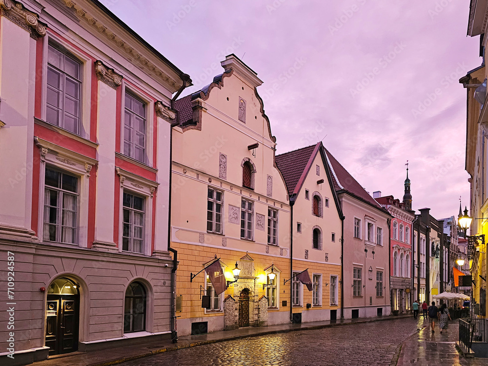 Street in the center of Tallinn at dusk, Estonia