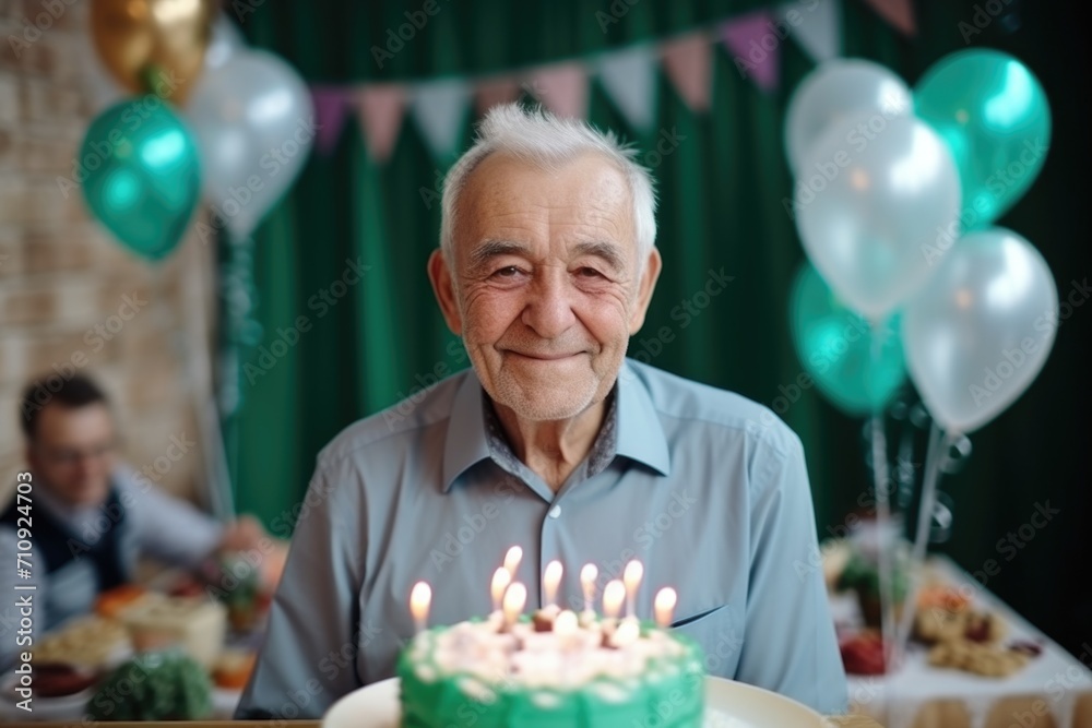 With a heartwarming smile, an elderly man revels in birthday cheer, clutching a delightful cake amidst the festivities. With a heartwarming smile, an elderly man revels in birthday cheer, clutching a delightful cake amidst the festivities.