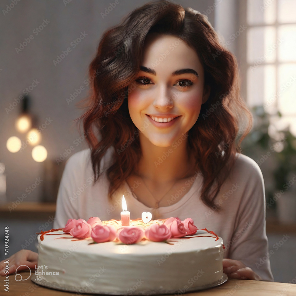 A smiling girl with long dark wavy hair is sitting near the table with a cake decorated with pink cream roses and a candle A smiling girl with long dark wavy hair is sitting near the table with a cake decorated with pink cream roses and a candle