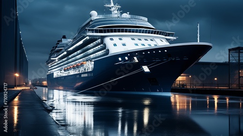 Luxurious cruise ship docked at a scenic pier, showcasing intricate details of its majestic nose. © Inna