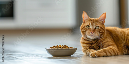 A cat eating from a bowl on a floor