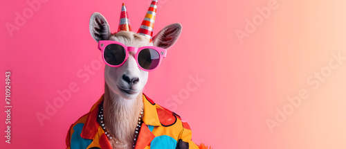 Creative, innovative Animal Design. Goat in Chic High-End Fashion, Isolated on a Bright Background for Advertising, with Space for Text. Birthday Party Invitation Banner
