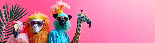 Creative, innovative Animal Design. Giraffe and group of animals in Chic High-End Fashion, Isolated on a Bright Background for Advertising, with Space for Text. Birthday Party Invitation Banner photo