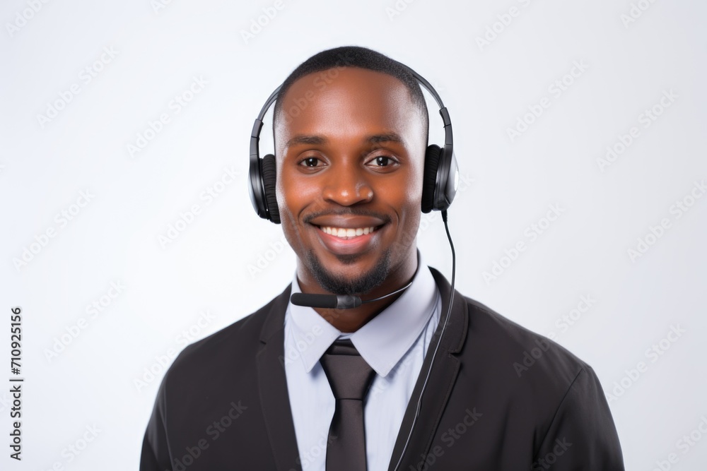 In a sleek office setting, an African American man exudes confidence in a shirt, jacket, and earpiece, smiling warmly, projecting professionalism and positivity. In a sleek office setting, an African American man exudes confidence in a shirt, jacket, and earpiece, smiling warmly, projecting professionalism and positivity.