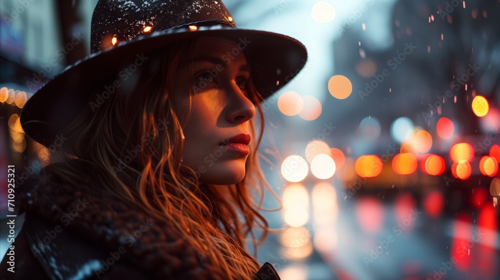 Contemplative woman in hat on rainy city street at night Contemplative woman in hat on rainy city street at night