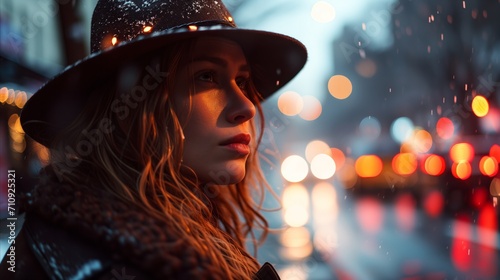 Contemplative woman in hat on rainy city street at night
