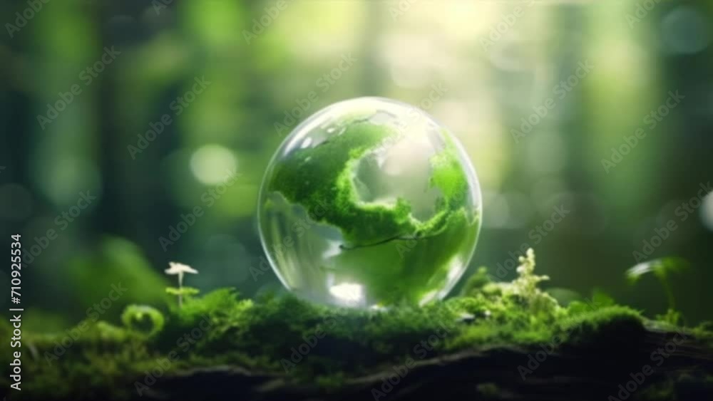 Earth Day, the environment, and a green globe nestled in a forest adorned with moss, defocused abstract sunlight to create a composition or scene in a minimalist modern style. Earth Day, the environment, and a green globe nestled in a forest adorned with moss, defocused abstract sunlight to create a composition or scene in a minimalist modern style.