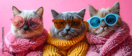 Creative, innovative Animal Design. Cat in Chic High-End Fashion, Isolated on a Bright Background for Advertising, with Space for Text. Birthday Party Invitation Banner photo