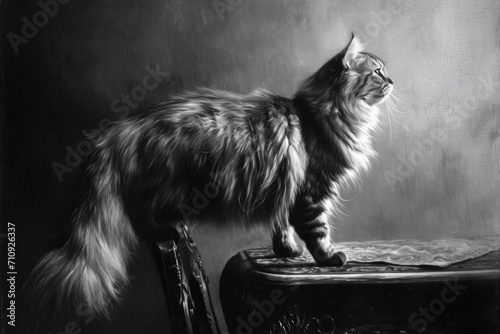 American longhaired Maine Coon cat stands with his hind legs on a chair and his front legs on the table and asks for food photo