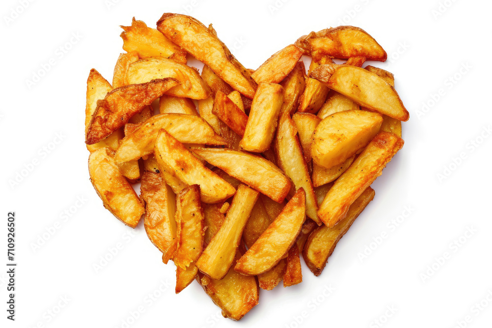 Heart made of village-style potatoes on a white background. The concept of love for fast food and fatty foods. Junk food Heart made of village-style potatoes on a white background. The concept of love for fast food and fatty foods. Junk food