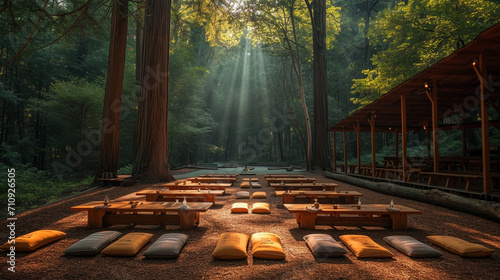 A picturesque yoga retreat in a serene forest, with participants practicing yoga amidst towering trees and dappled sunlight, creating a peaceful and grounding atmosphere in the hea photo