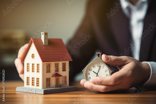 Businessman holds house and clock. Payment of deposit or advance payment for renting a home or apartment. Long-term mortgage on the house. Mortgage vacations. Buying and selling property. real estate photo