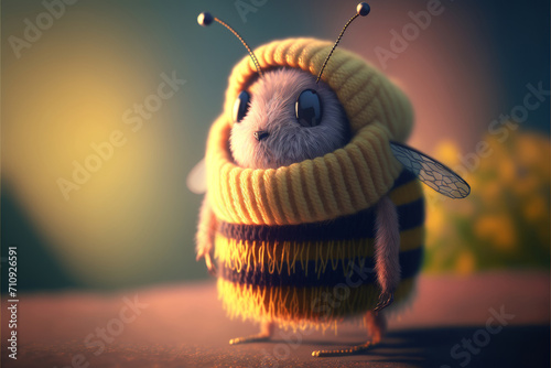 A cute bee wearing a sweater and scarf to keep warm.  photo