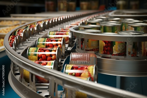 Canned food factory, cans with their contents move on a conveyor belt for labeling and marking photo