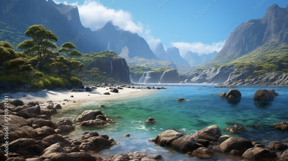A hidden lagoon nestled between towering cliffs, where the sea meets the mountains in a secluded and untouched haven of natural beauty -Generative Ai