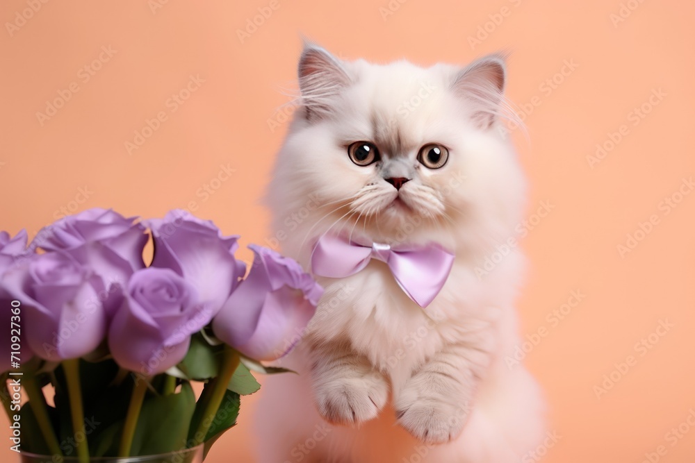 Elegant Persian cat on a light background adorned with a cute bow and flowers.
