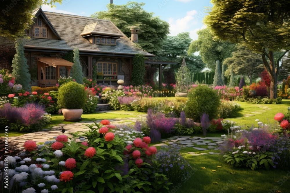 Fototapeta premium Beautiful summer garden with flowers, bushes and stone path to the house, summer vacation