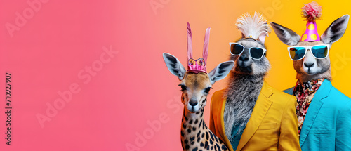 Creative, innovative Animal Design. Giraffe and animals in Chic High-End Fashion, Isolated on a Bright Background for Advertising, with Space for Text. Birthday Party Invitation Banner photo