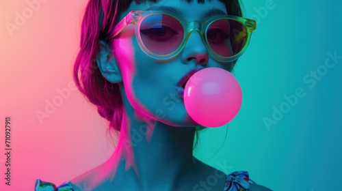 Portrait of a women blowing a bubble gum, wearing neon sunglasses © Zahid
