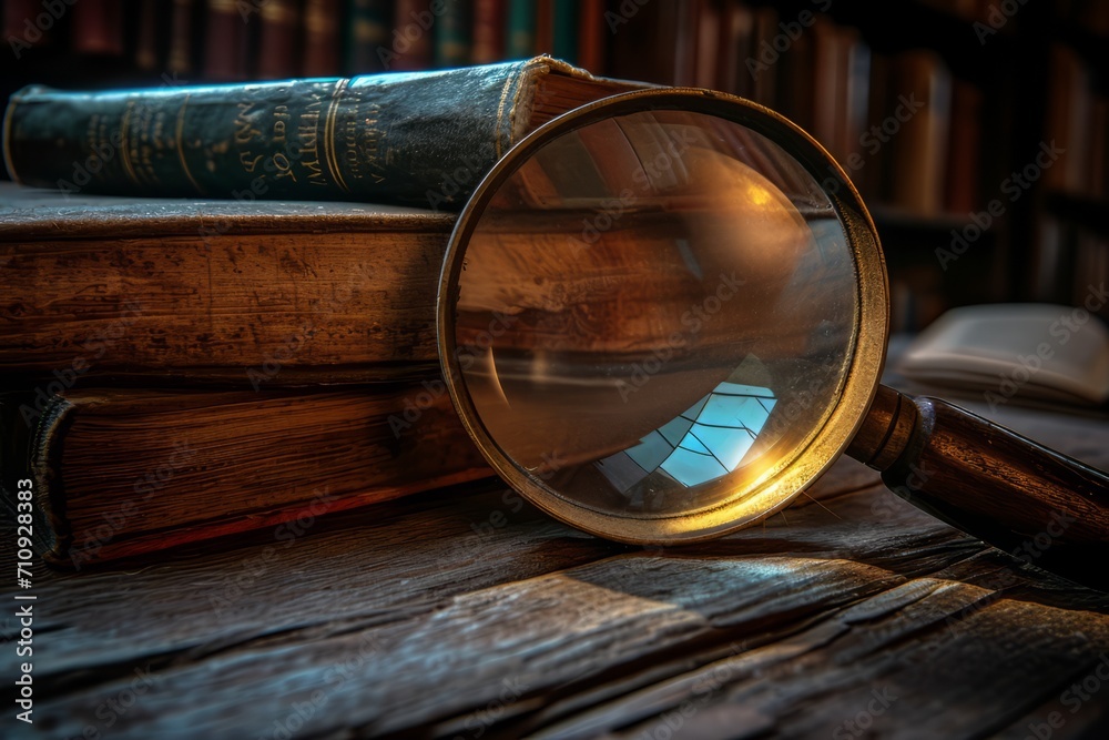 A creative image of a magnifier glass casting a focused beam of light onto a pile of vintage books, highlighting the timeless pursuit of knowledge and exploration. The warm and inviting atmosphere. A creative image of a magnifier glass casting a focused beam of light onto a pile of vintage books, highlighting the timeless pursuit of knowledge and exploration. The warm and inviting atmosphere.