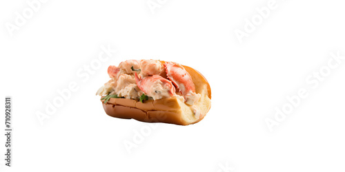 Lobster roll  seafood sandwich  shrimps with bread  salt  and pepper on a toasted hot dog bun with PNG background