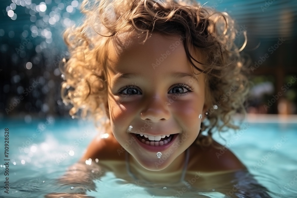 Curly-haired girl swimming in a pool