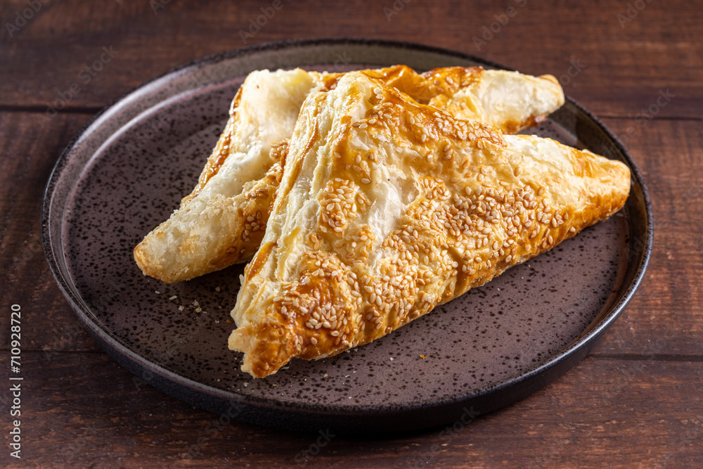 Chicken puff pastry. Baked puff pastry stuffed with chicken.