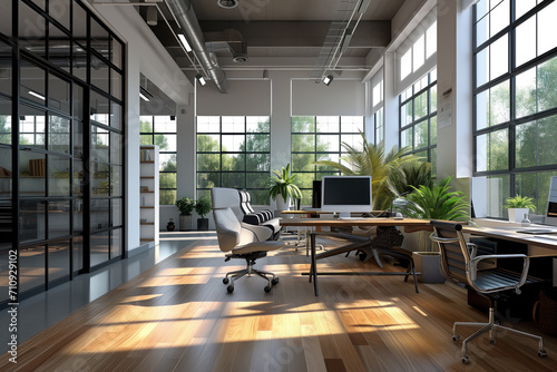 Sunlit modern office with greenery