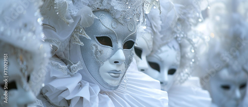 Ethereal figures in white Venetian masks and ornate costumes
