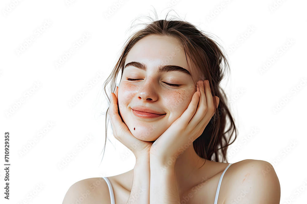 Portrait of young beautiful woman with scar or acne on face skin isolated on white transparent background. Portrait of young beautiful woman with scar or acne on face skin isolated on white transparent background.