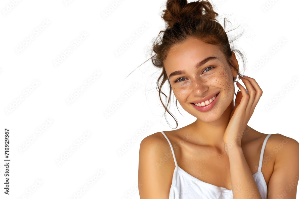 Portrait of young beautiful woman with scar or acne on face skin isolated on white transparent background. Portrait of young beautiful woman with scar or acne on face skin isolated on white transparent background.