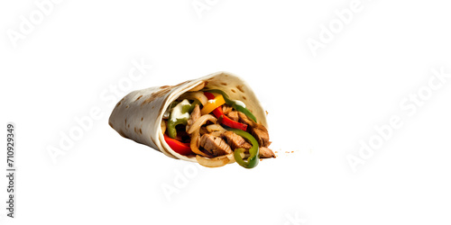 Chicken fajita roll, Traditional Mexican marinated Tortillas chicken fajitas with fried chicken breast strips, onion, julienned green, yellow, and red bell pepper on PNG background