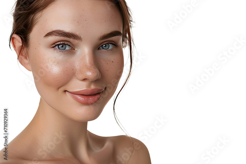 Portrait of young beautiful woman with scar or acne on face skin isolated on white transparent background. photo