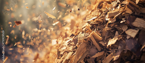 Wood chips flying in the air with sunlight filtering through photo