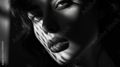 Black and white close up portrait of a woman photo