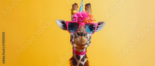 Creative, innovative Animal Design. Giraffe in Chic High-End Fashion, Isolated on a Bright Background for Advertising, with Space for Text. Birthday Party Invitation Banner photo