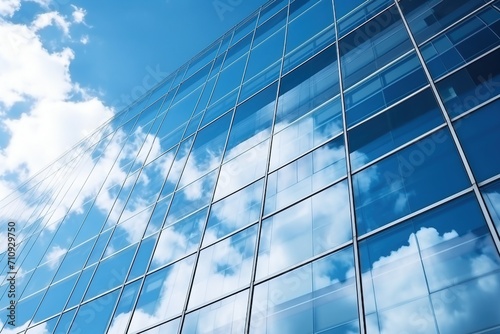 Blue glass skyscraper reflecting clouds