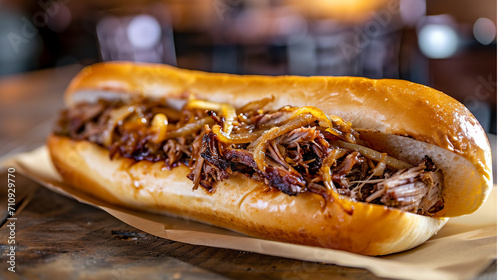 Honey pulled pork sub sandwich with caramelized onions in a roll. Traditional American cuisine