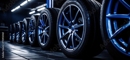 tire close up with blue rings, black, Generative AI © Orod