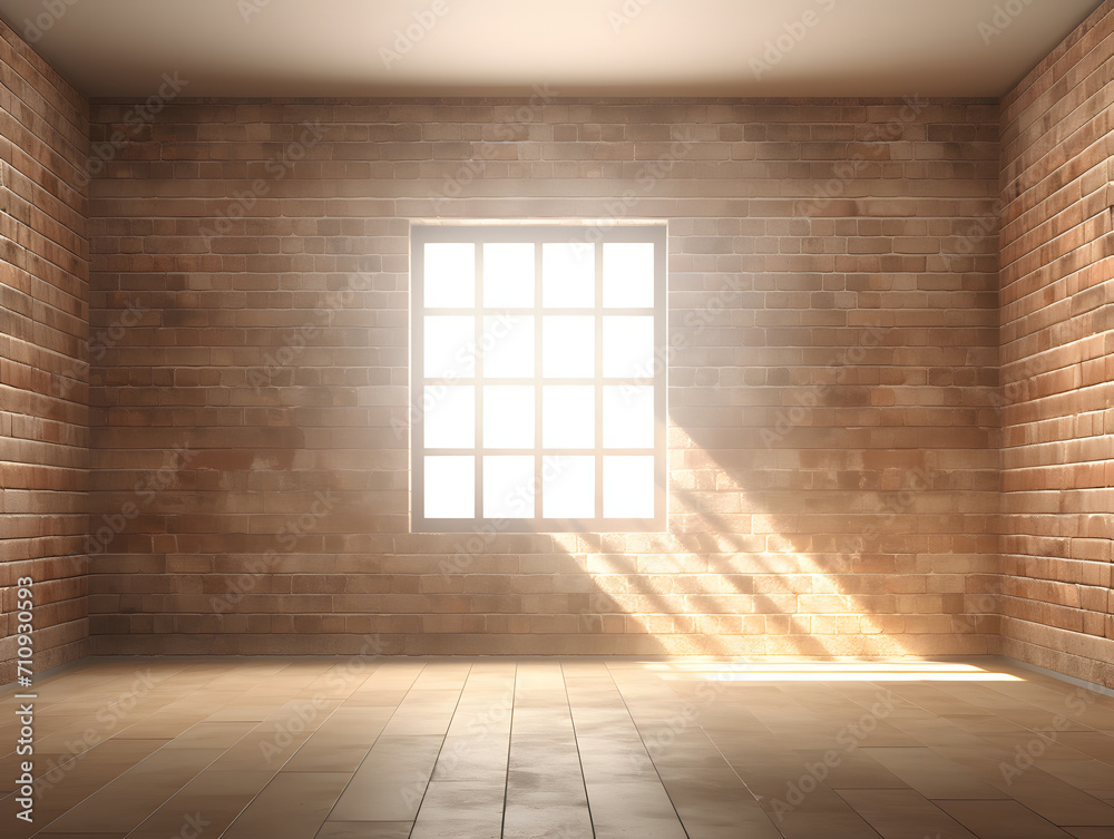 Obraz premium 3D empty brick wall room with sunlight and window