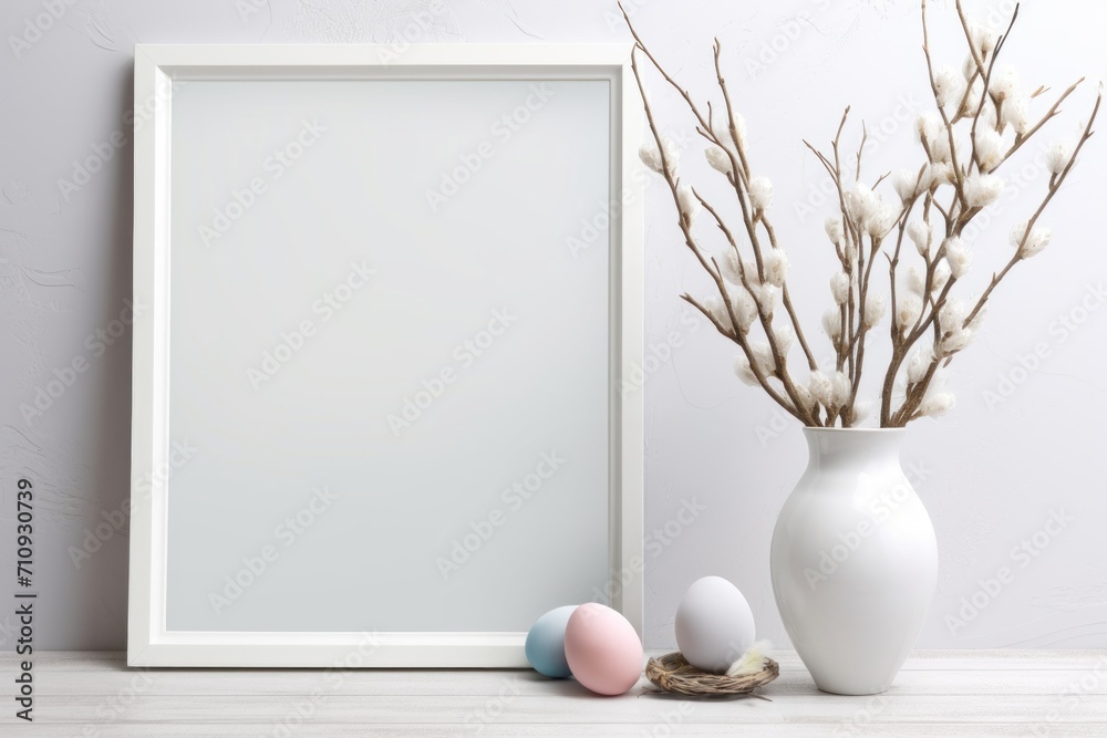 Easter spring tree with eggs vase at white home interior. Image with mock up and copy space. Easter spring tree with eggs vase at white home interior. Image with mock up and copy space.